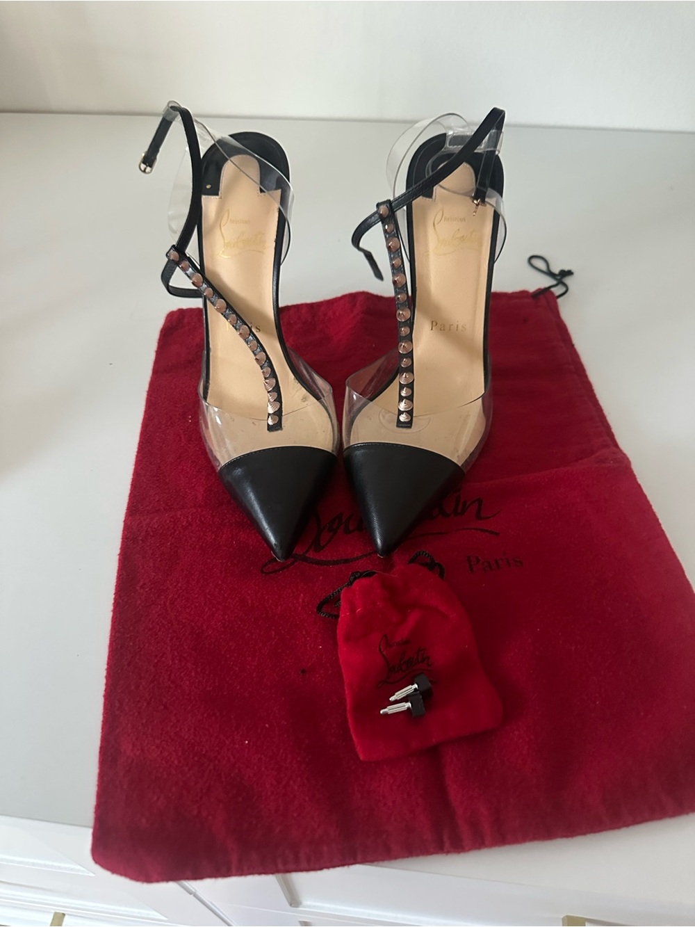 Christian Louboutin Black and Nude T-Strap Pointed Toe Pumps - Picture 4 of 10